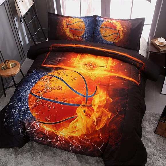 New Basketball Print,with Fire and Ice Pattern, Comforter Quilt Set Bedding Sets - Picture 3 of 6